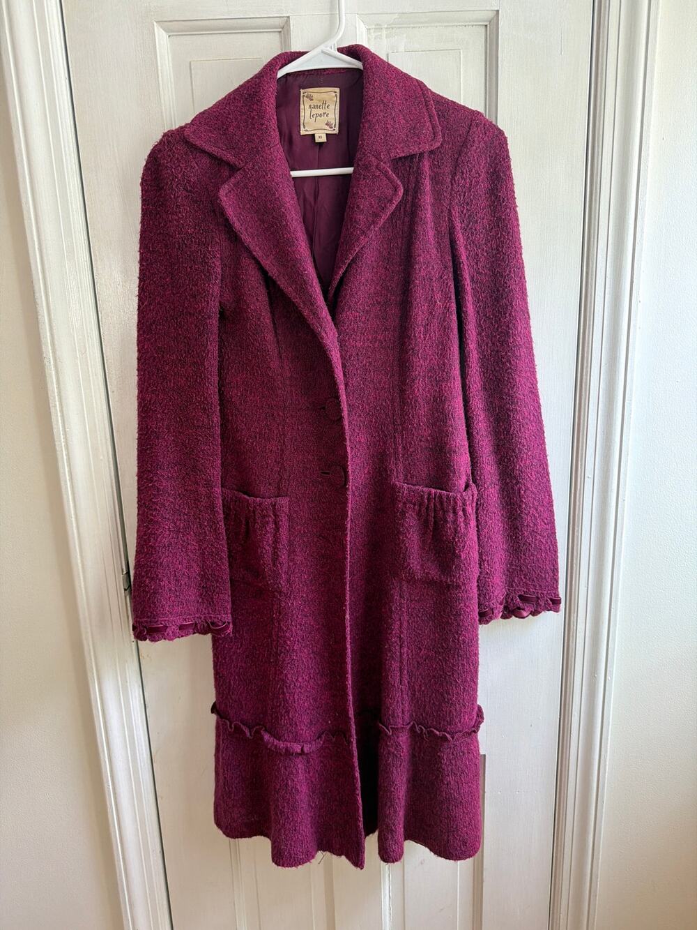 Vintage Nanette Lepore Size xs Long Wool-Blend Plum Purple Winter Coat